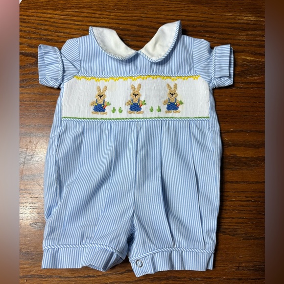 Remember Nguyen Blue Striped Baby Romper with Easter Bunny Design - Picture 1 of 4